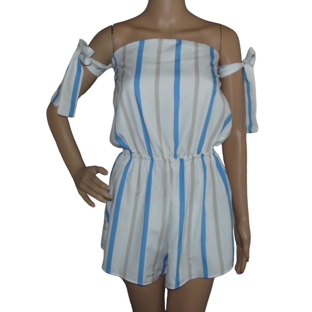 Yions Tie-Up Romper Size Small strapless white blue tan striped shorts arm ties